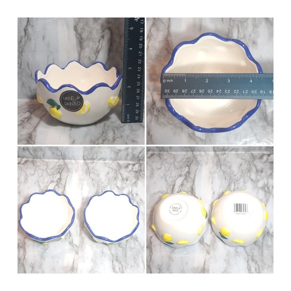 Luna & Sage Set of 2 Lemon Theme Bowls With Blue Scallop Rim Kitchen Dinnerware - Picture 8 of 11